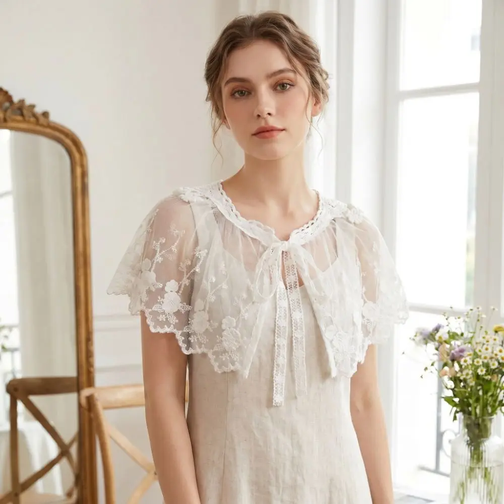 Simple Cape Embroidered Lace Fake Collar Embroidery Chiffon Small Shawl Wraps Korean Style Flower Scarves Clothes Decoration