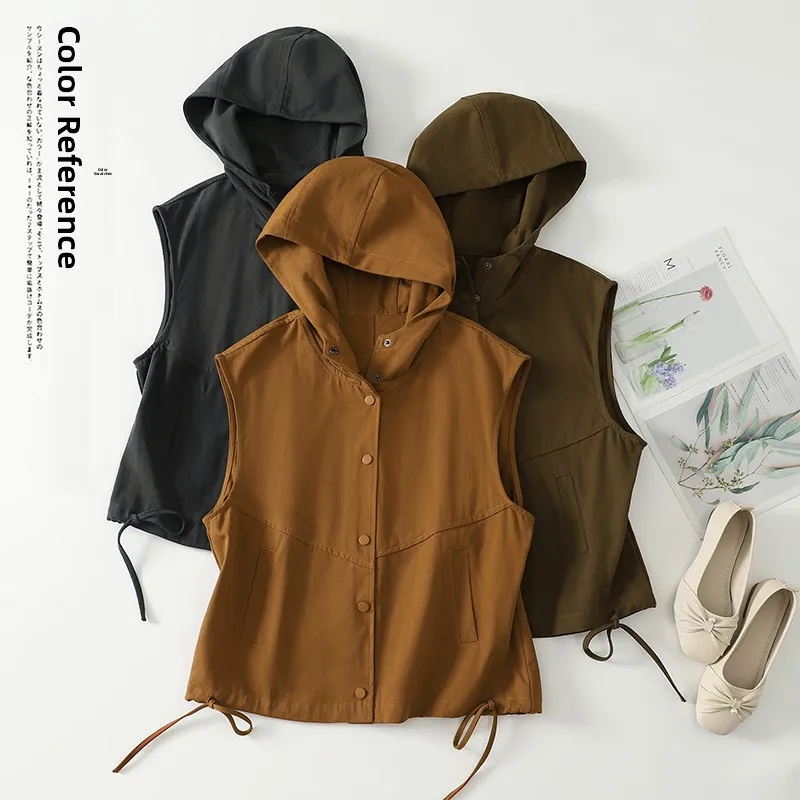 Women's Hooded Vest 2026 Autumn Loose Casual Retro Versatile Outerwear Drawstring Sleeveless Top Casual Chic Outer Layer