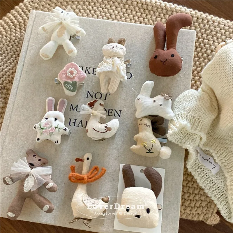 Fabric Animal Brooch And Duckbill Clip Convertible Rabbit Bear Swan Design Cute Sweet Premium Hair Accessory For Women Daily