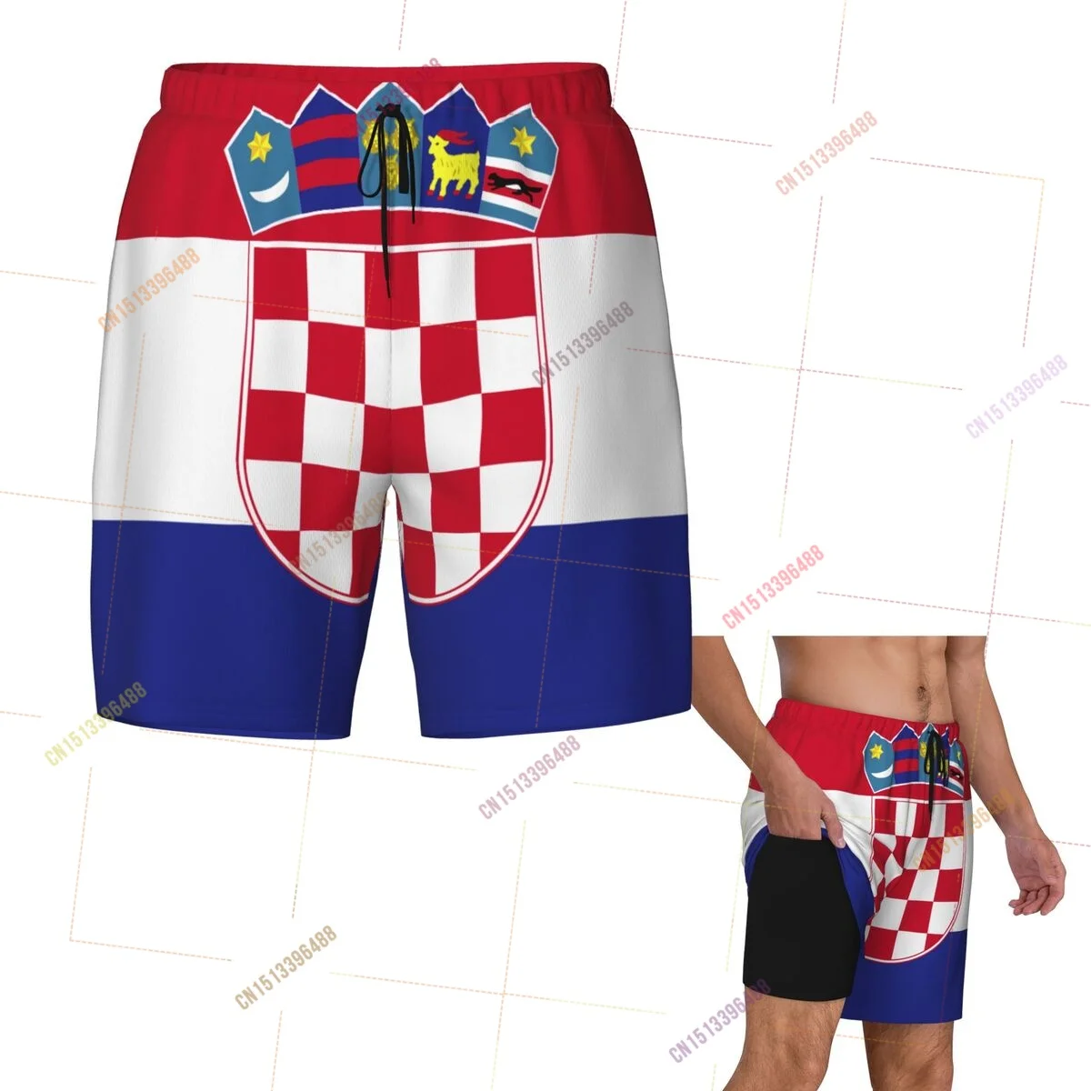 2026 Croatia Flag Top Print 3D Mens Swimming Trunks Hawaiian Bathing Beach 2 in 1 Quick-Dry Summer Swim Shorts With Pockets