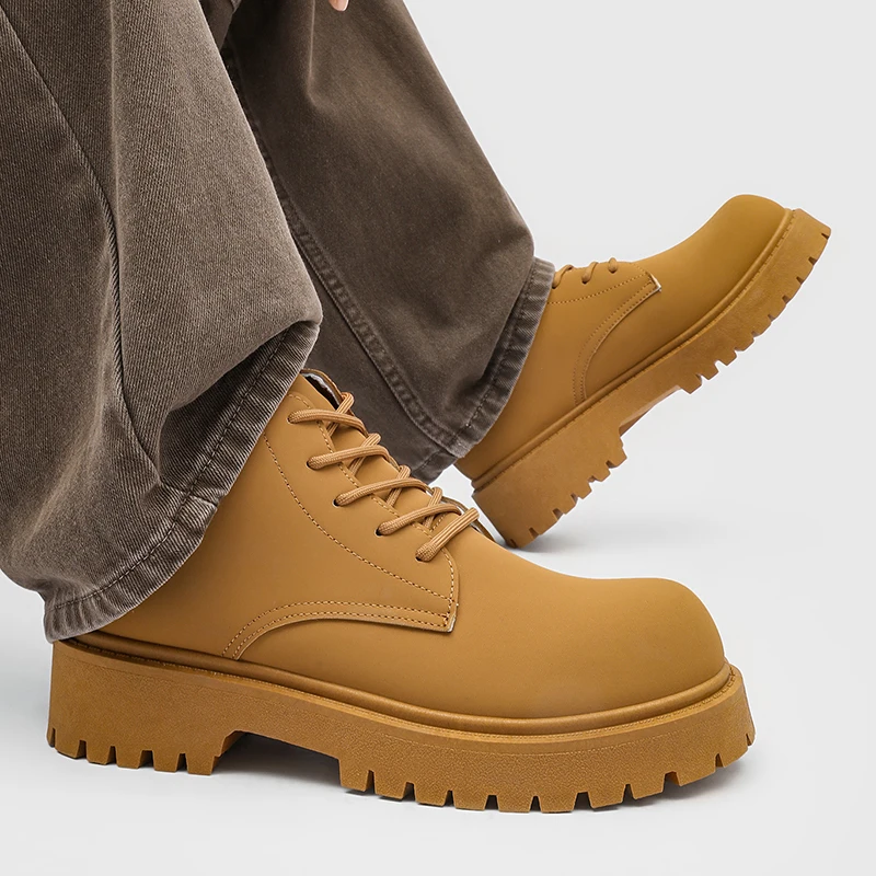 Botas de Cuero 100% Genuino para Hombre, Botas de Motociclista Amarillas, Diseño Moderno, Botas Británicas Casuales para Exteriores
