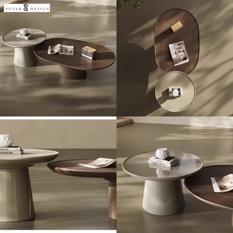 Nordic Minimalist Living Room Table High and Low Combination Nesting Wooden Smoked Color Oval Round Coffee Table
