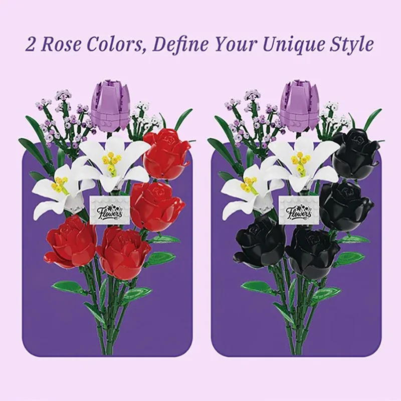 2026 Dark Romance Gothic Rose Bouquet Building Blocks Set Educational DIY Flower Model Kit Gift for Girls Mother Valentine's Day