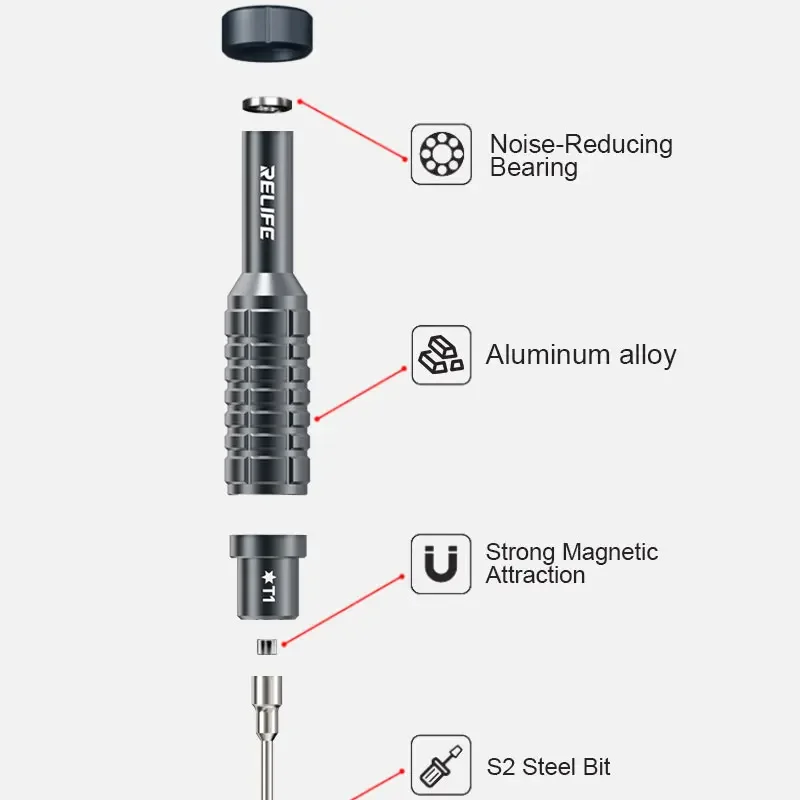 

RELIFE RL-730A Набор отверток Steel Cannon King из алюминиевого сплава с шумоподавляющим подшипником, прецизионные инструменты для ремонта электроники/сделай сам