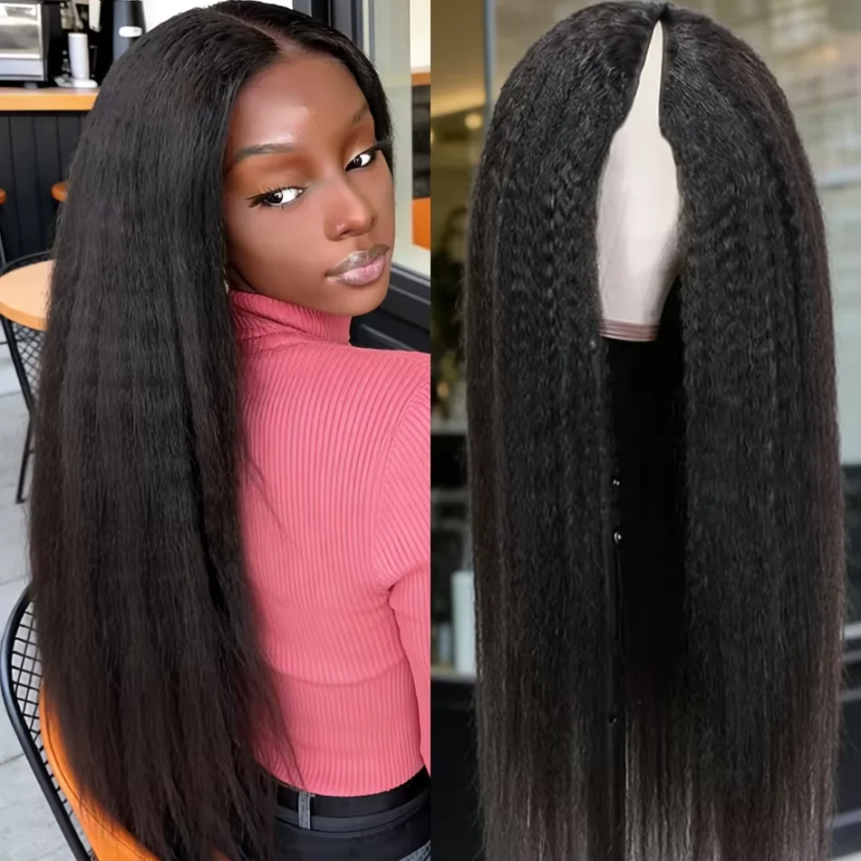 

250% Density Kinky Straight V Part Wig Human Hair With Drawstring Upgrade Glueless No Leave Out No Sew In V Part Human Hair Wigs