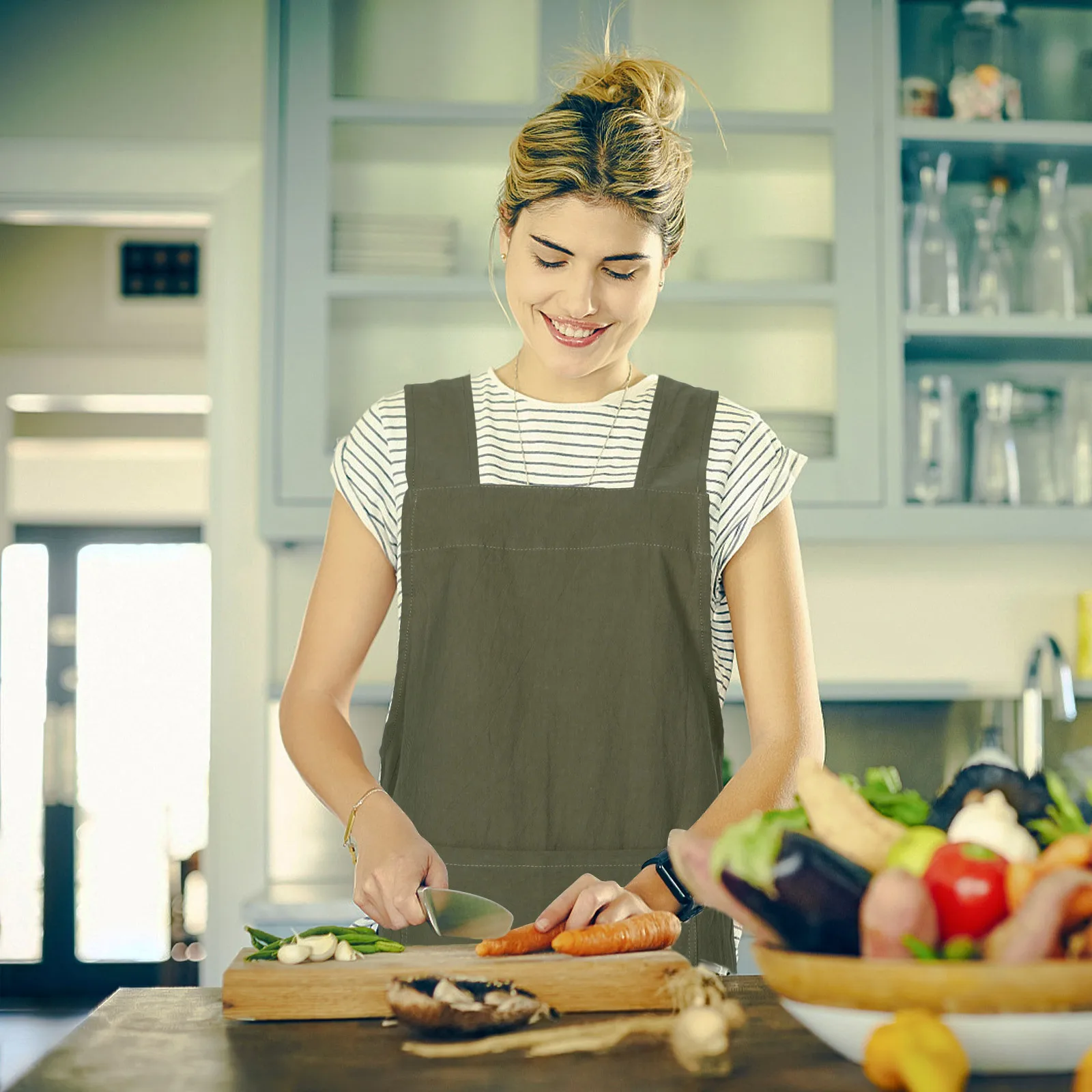 

Summer No Tie Apron Women Cross Back Pockets Cotton Faux Linen Smock For Cooking Gardening Art Nail Tech Work Household