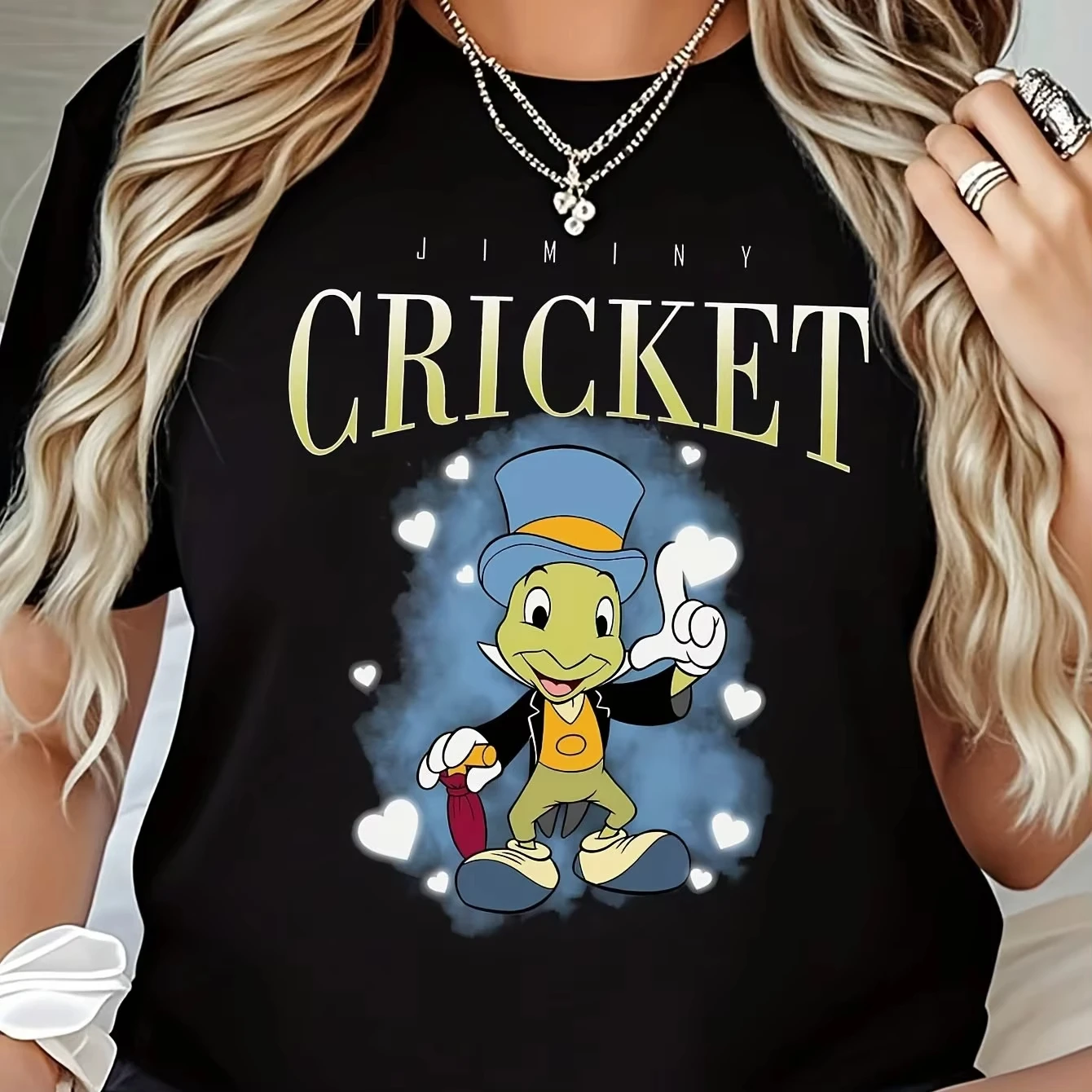 ديزني جيمييني الكريكيت أبيض وأسود تي شيرت واضح ومشرق طباعة قصيرة الأكمام طاقم الرقبة سليم صالح كل موسم رداء علوي غير رسمي