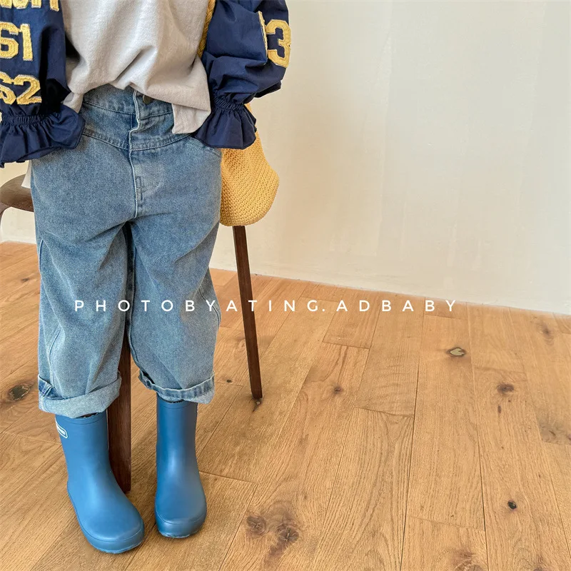 

2024 Spring New Children Denim Trousers Baby Girl Solid Casual Pants Toddler Boy Patch Harem Pants Kids Fashion Versatile Jeans