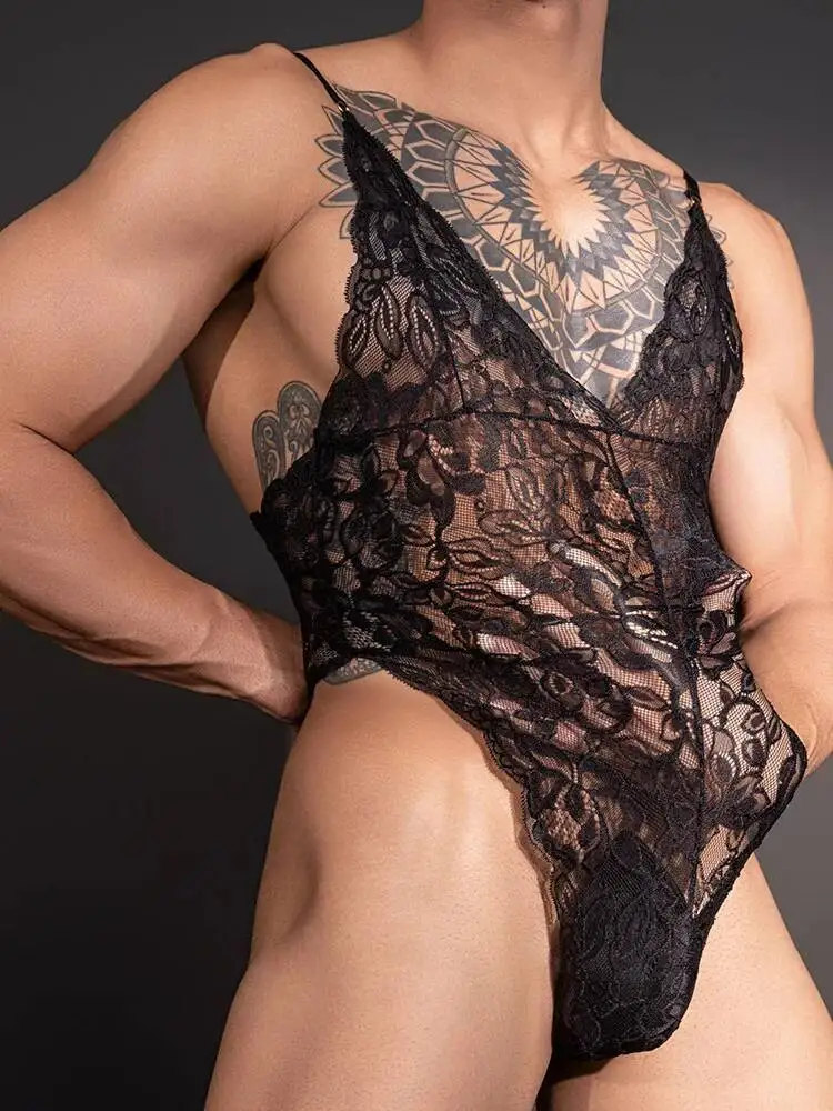 New Lace Trim Men's Sexy Bodysuits SM Sheer Hot Transvestite Sexy Bodysuits Backless Deep V Suspenders Sleeveless Bodysuits PBVQ