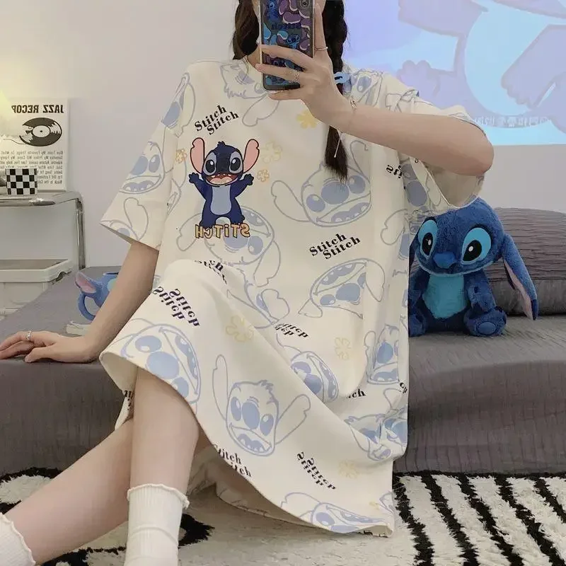 Kawaii Stitch Pajamas MINISO Anime Hello Kitty Kuromi Lovely Girl Student Round Neck Easy Sleeping Skirt Ins Wind Leisure Wear