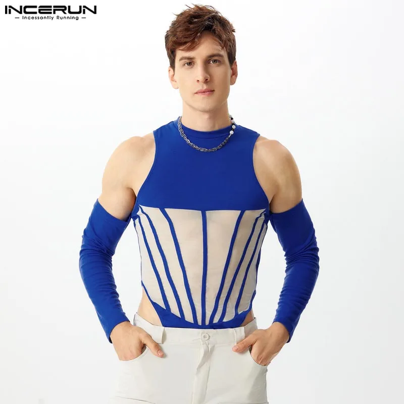 INCERUN American Style Bodysuits New Mens Deconstruction Mesh Splicing Jumpsuit Sexy Sleeveless Half High Neck Triangle Homewear