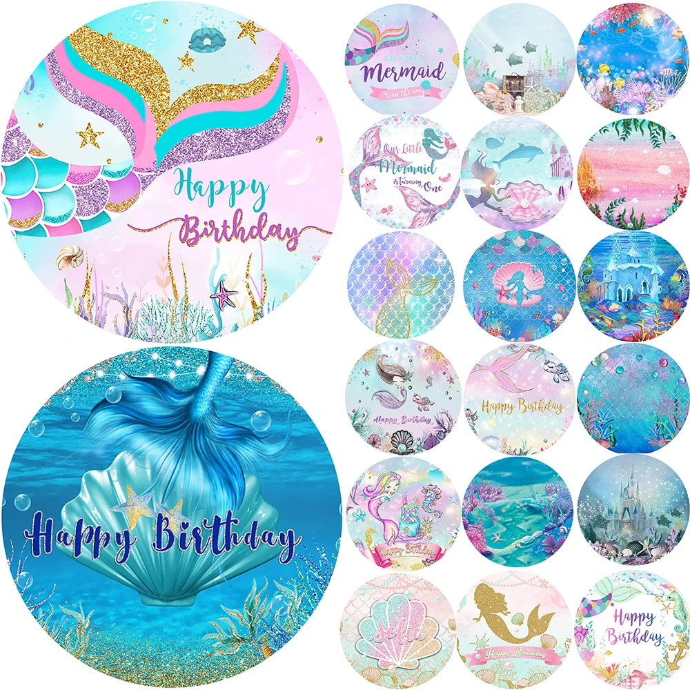 Mocsicka Undersea Mermaid Scales Baby Girl Birthday Party Circle Elastic Backdrop Round Background Princess Kids Photo Studio