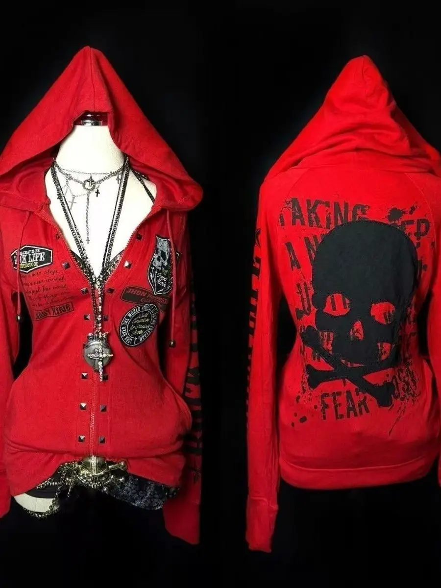 

Slim Fit Punk Ro k Harajuku Spicy Long Sve Sweatirt Jaet Skeleton Letter Waist Cinched Open Cardigan Hooded Commu...