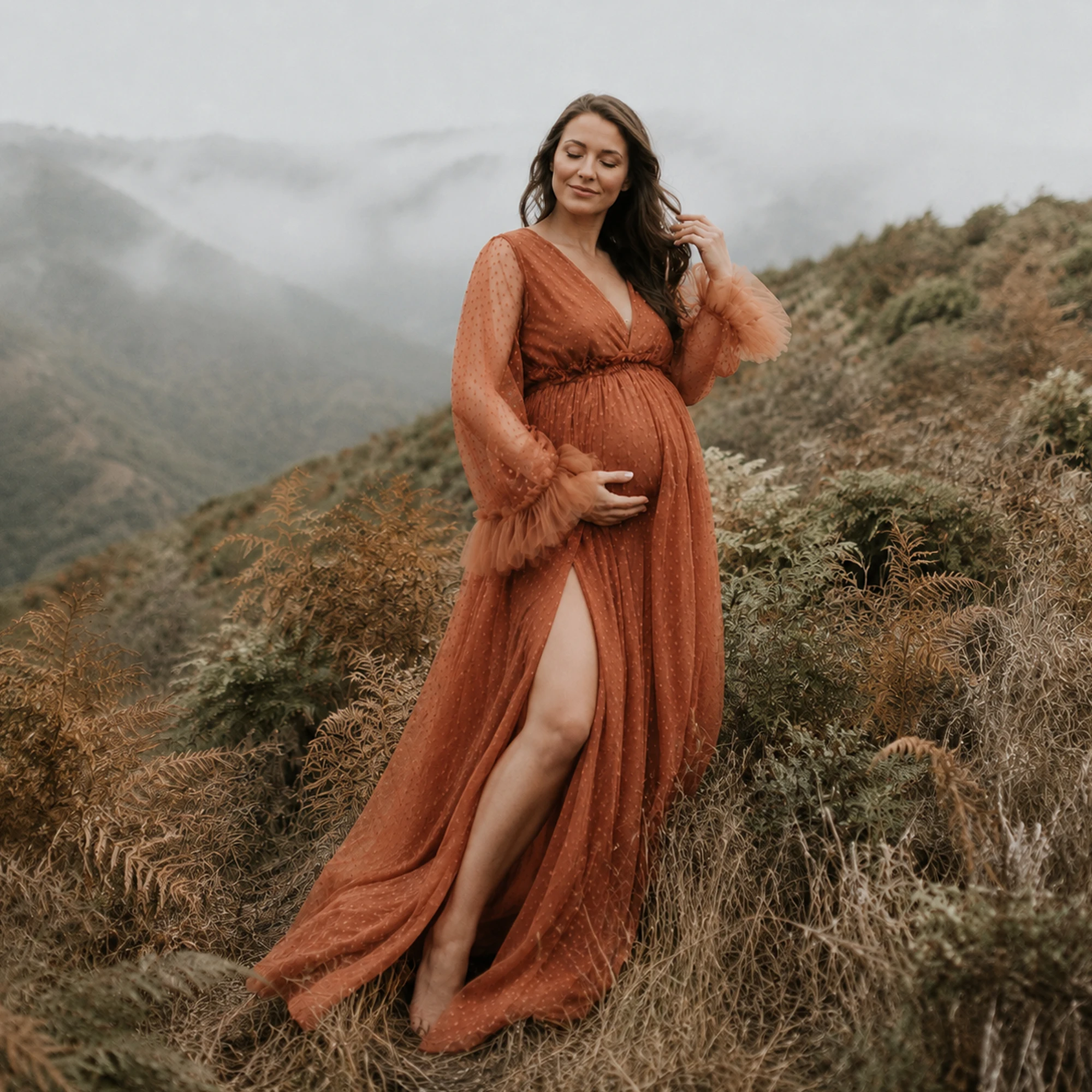 Don&Judy Polka Dot Tulle Long Sleeve V-Neck Rust Maternity Dress Baby Shower Gown for Maternity or Non-maternity Photography