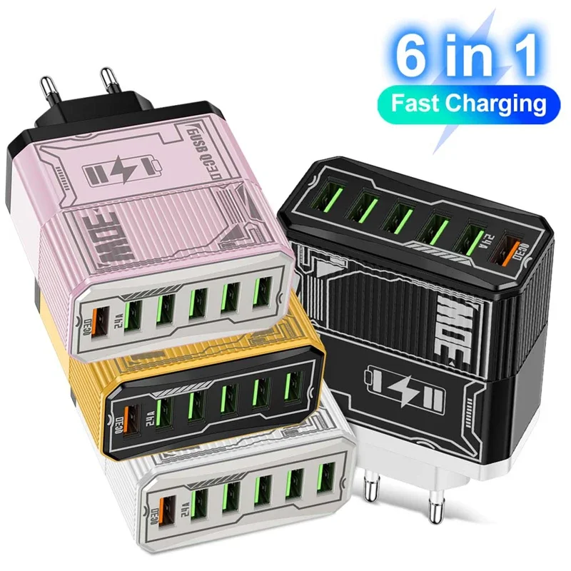 

Ультра быстрое зарядное устройство QC3.0 30 Вт 6 в 1 для Xiaomi iPhone Huawei с многопортовой USB-зарядной головкой ЕС/США Компактное дорожное настенное зарядное устройство