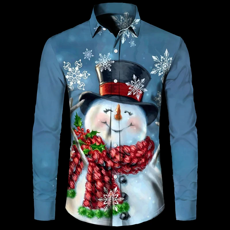 Hawaiian Christmas Theme Santa Claus Tree Shirt For Men Casual Vintage Tops 3d Printed Flower Long Sleeve Clothing Holidays Y2k