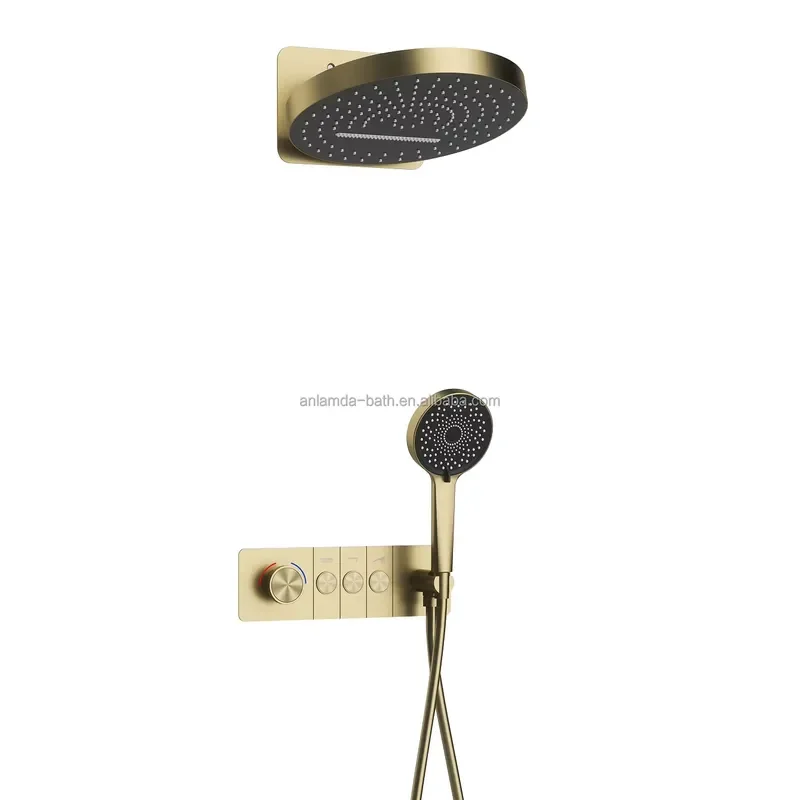 Brushed Gold Brass High Quality 3 Ways Rain Wall Mounted Concealed Shower Complete Set in Wall for Bathroom