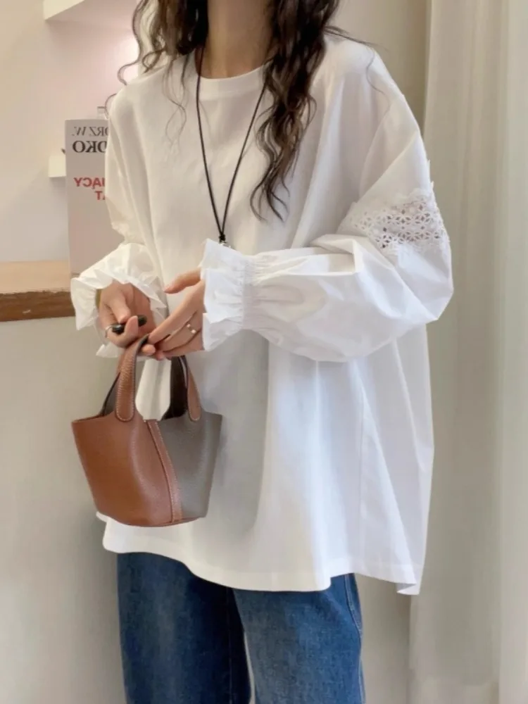 

Белая свободная женская футболка с длинным рукавом, базовый слой, скрывающая живот, в стиле lazy style, новинка весны, большие размеры, для полных женщин, топ для повседневной носки