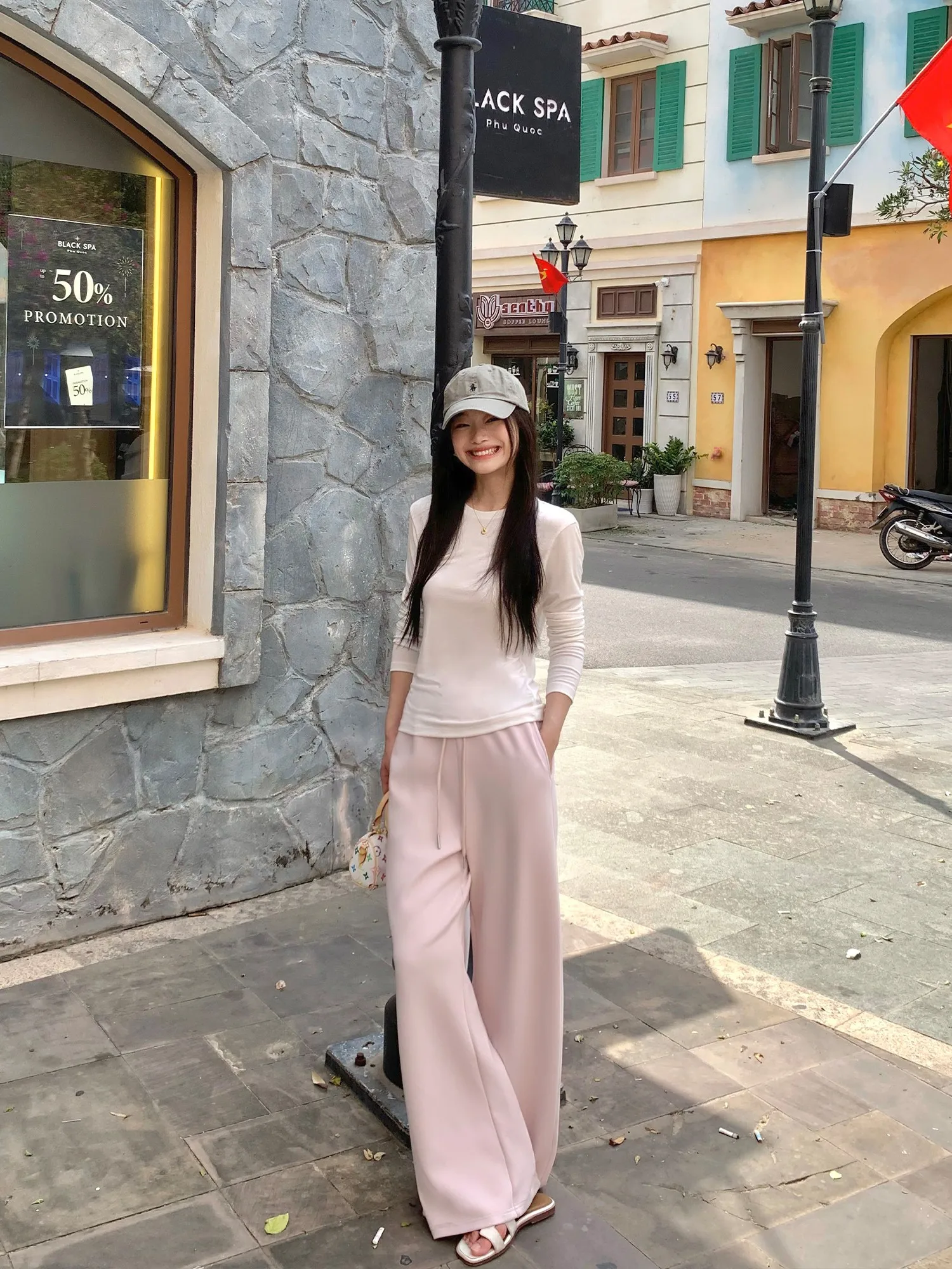 Pusumede Casual Wide Leg Pants Women's Lazy Bent Knife Loose Elastic Waist Sports Leisure Long Trousers Cotton Modal Polyeste...