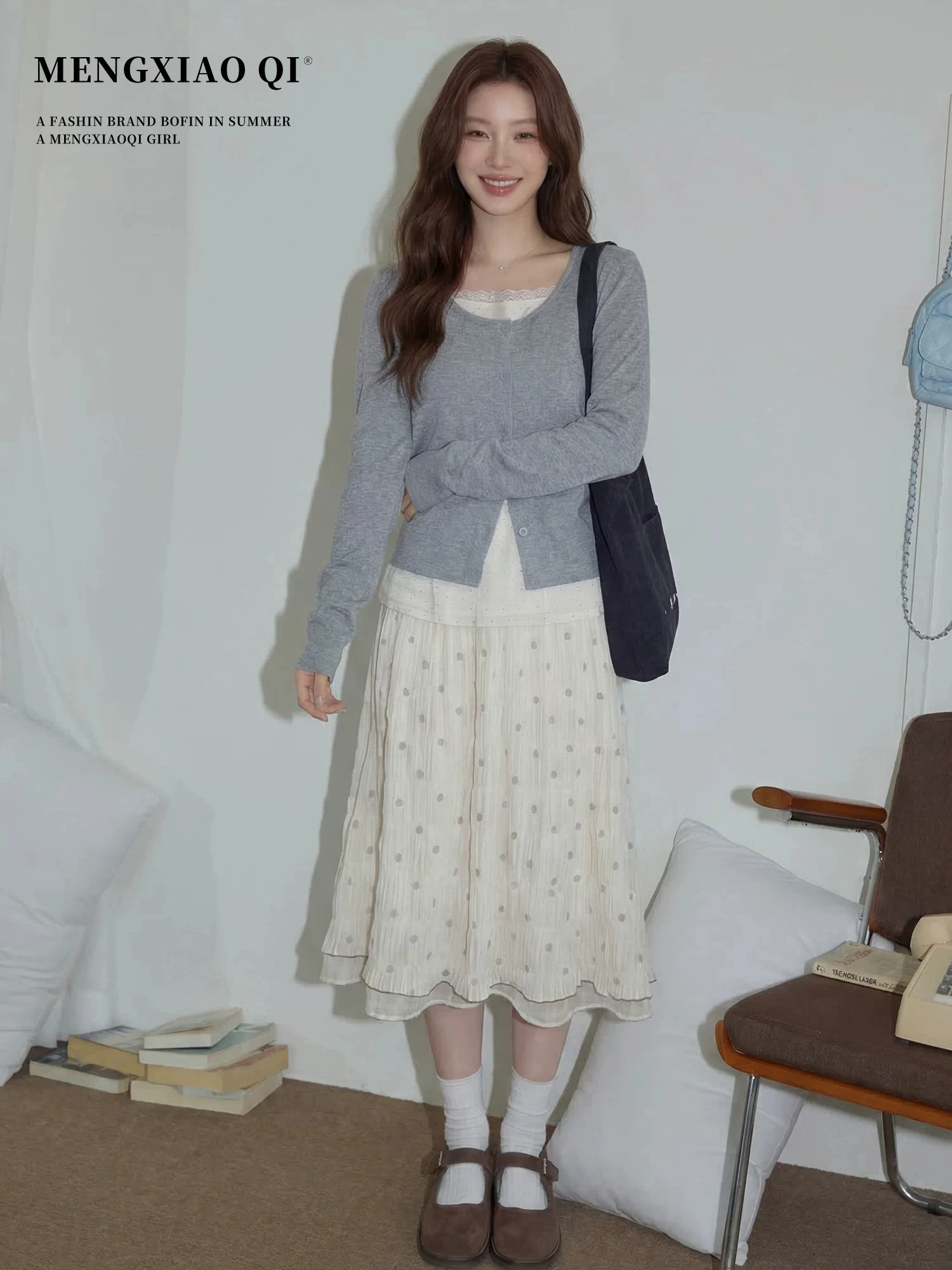 Japanese Girl Sensation Wave Dot Half Skirt Women's Summer High Waist Slimming Versatile A-Line Midi Skirt Beige