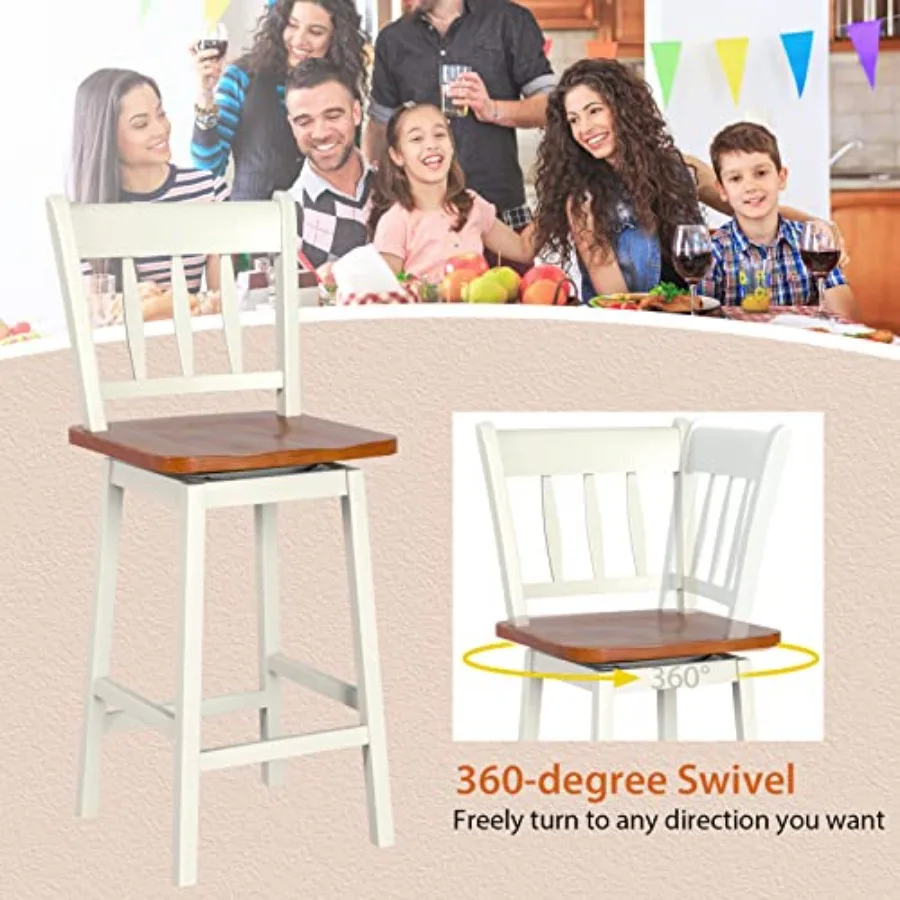 Zestaw stołków barowych COSTWAY, 2 sztuki, 62,5 cm, krzesła barowe z drewna kauczukowego z obrotem 360 stopni ° Obrotowe podnóżki Obrotowe stołki barowe o wysokości blatu Idealne