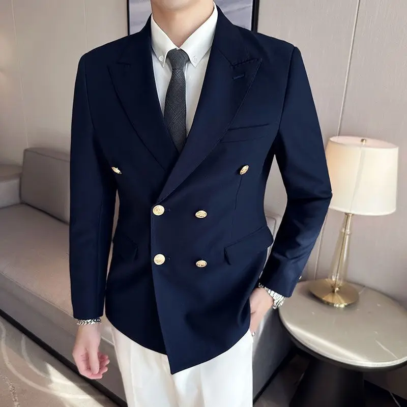 4-E12  Double-breasted men\'s high-end suits British style handsome high-end-breasted jacket with wide collar fashionable casual