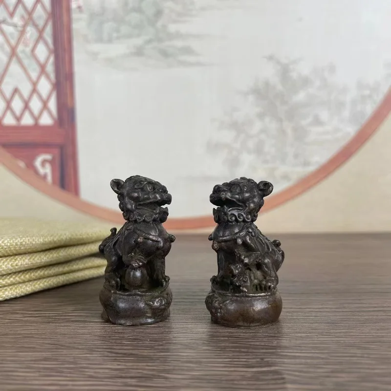Collectible alloy pair, palace door , auspicious drum , small copper lion, desktop ornament