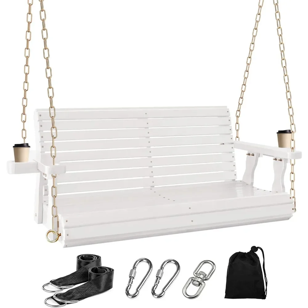 4FT Wooden Porch Swing w/Cupholders,Outdoor Swing Bench w/Chains,Patio Roll Back Swing Chair Bench,Front Porch 2-Person