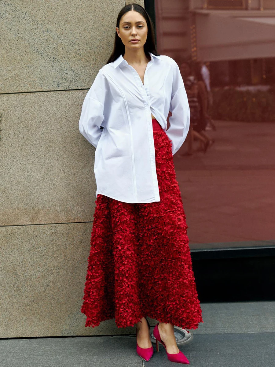 Autumn New Flower Petal Long Skirt 2024 High Waist Elegant Evening Party Red Maxi Skirt Streetwear Fashion Vintage Faldas Bottom