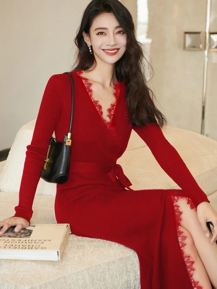 

Ele красная вязаная кружевная шерстяная V-Ne Dr женская базовая юбка с высокой талией Ci Commute Winter Faion новогодний халат