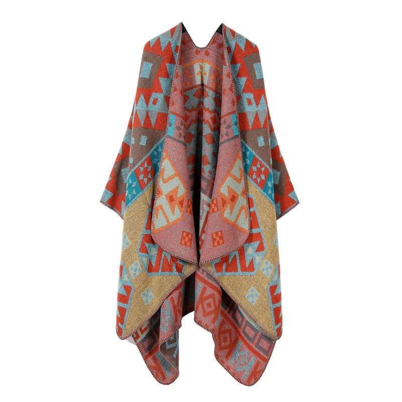 Stylish travel outfit: a large , ethnic-style knitted shawl, and cape