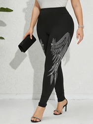 Fashionable Plus Size Women's Leggings with Sparkling Rhinestone Angel Wings, High-Stretch Skinny Trousers, Casual Knit Bottoms
