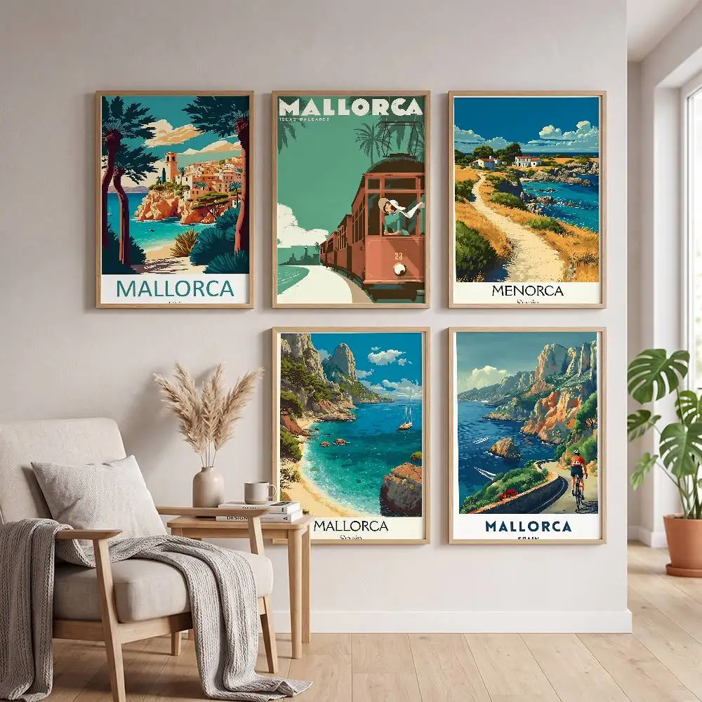 Vintage Travel Mallorca City Vintage Poster Self-adhesive Art Waterproof Paper Sticker Coffee House Bar Room Wall Decor