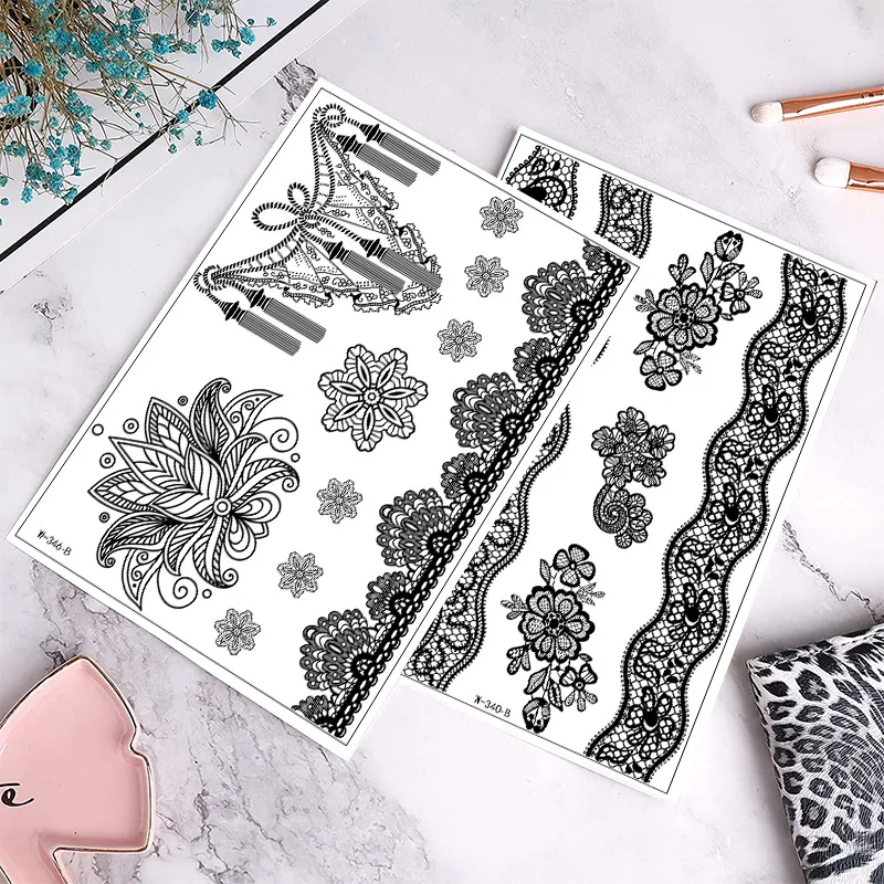 Sexy Party Black Hollow Henna Lace Tattoo Stickers Tatouage Ephemere Femme Hand Back Art Fake Tattoos Semi Permanent Flower Leg