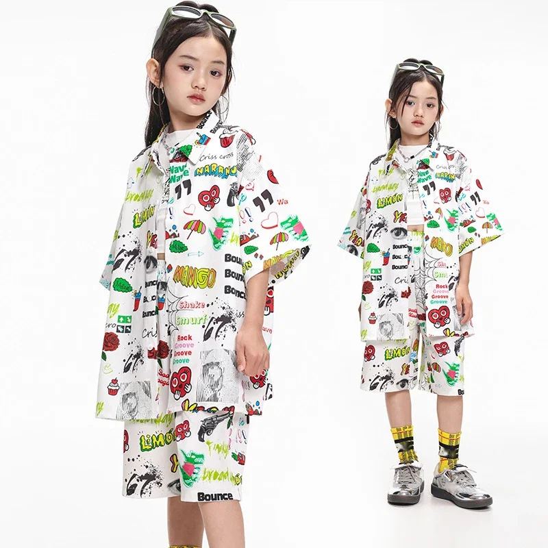 

Jazz Costume Girls Hip Hop Performance Suit Colorful Graffiti Shirt Shorts Set Fashion Show Stage Wear Street Dance Clothes