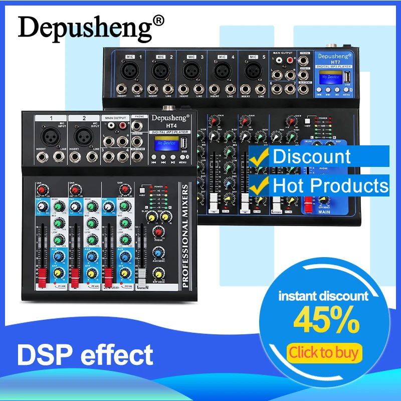 

Mixer Audio Depusheng HT4 4 Channel Sound Mixing Boards Professional Portable Digital DJ Console with USB For Studio Record