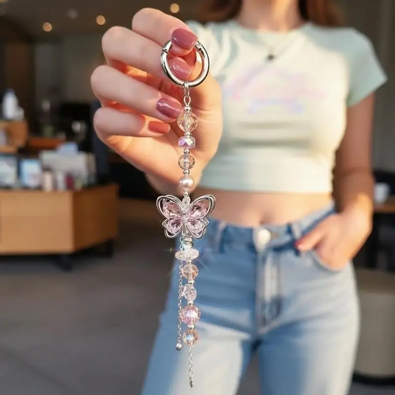 Crystal Beaded Mobile Phone Chain Butterfly Pendant Colorful Round Bead Strap Premium Sense