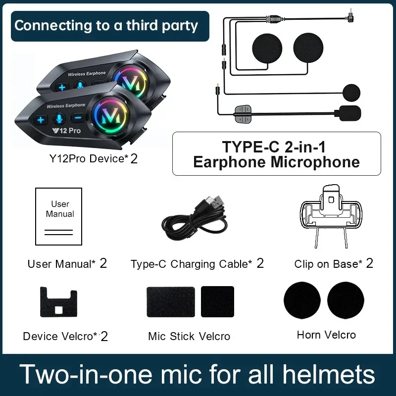 Y12Pro Bluetooth Helm Intercom Oortelefoon Waterdichte Ruisonderdrukking 500m Intercomunicador Luidspreker Oortelefoon