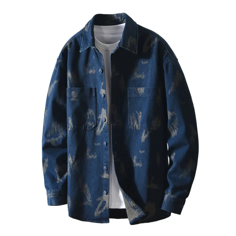 

American Vintage Style Trendy Shirt for Men Autumn Premium 320gsm Innovative Denim Jacquard Enzyme Washing Layered Looks Jackets