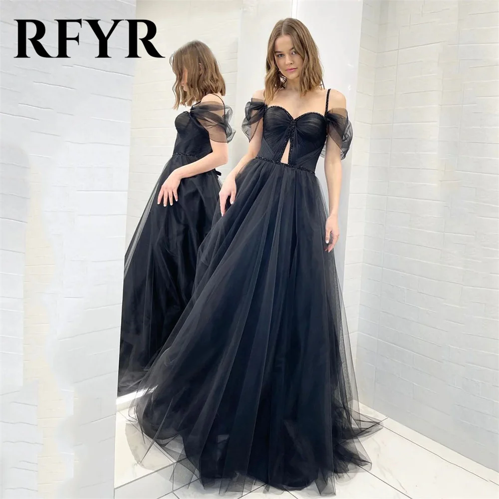 

RFYR Black Prom Dress Sweetheart Spaghetti Straps Evening Dress Off The Shoulder Fluffy Tulle Party Dress With Beading 프롬드레스