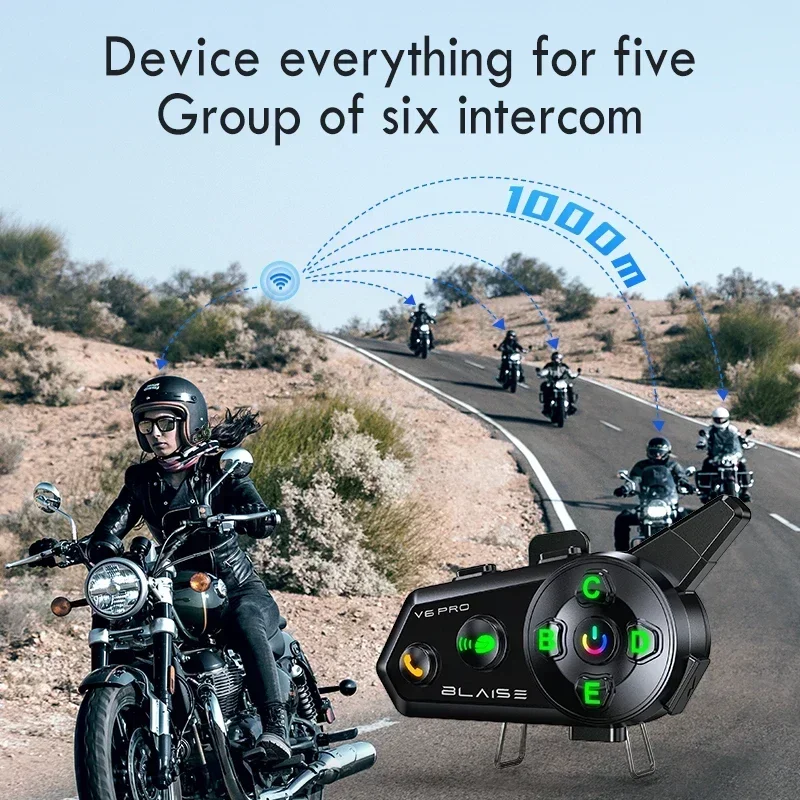 V6 PRO Bluetooth Motorcycle Helmets Intercom Headset with 1000M BT Interphone Communicator for 6 Riders Waterproof