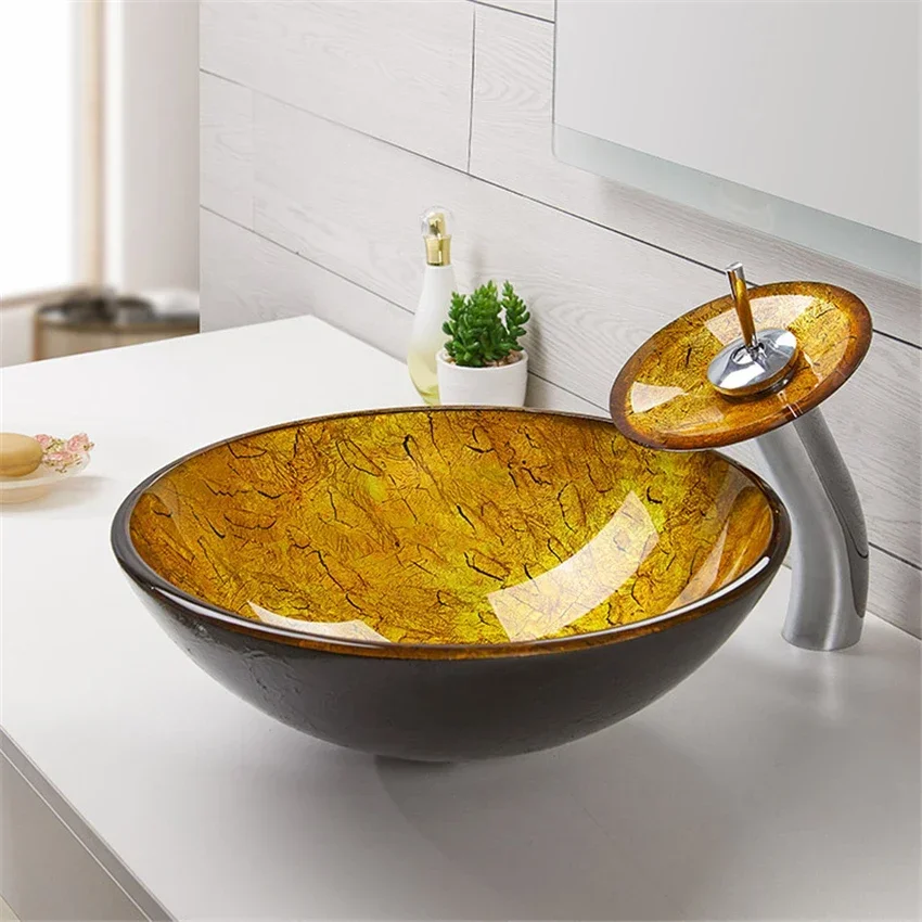 Modern Art Simple Cracked Tempered Glass Counter Washbasin Bathroom Above Counter Washbasin Sanitary Ware Brass Waterfall Faucet