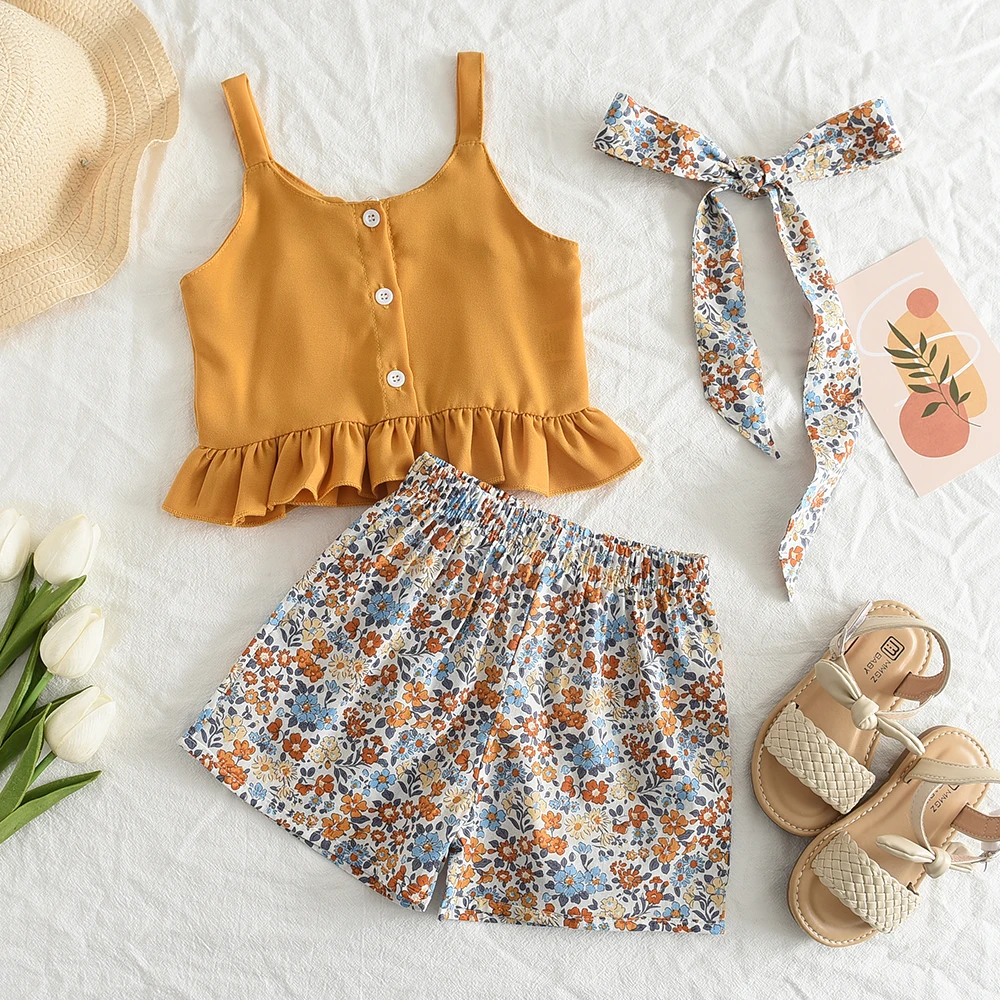 Menoea Summer Girls Clothing Sets Summer Solid Suspender T-shirt Tops + Floral Shorts Sets 2pcs Kids Clothes Suit 2pcs Outfits