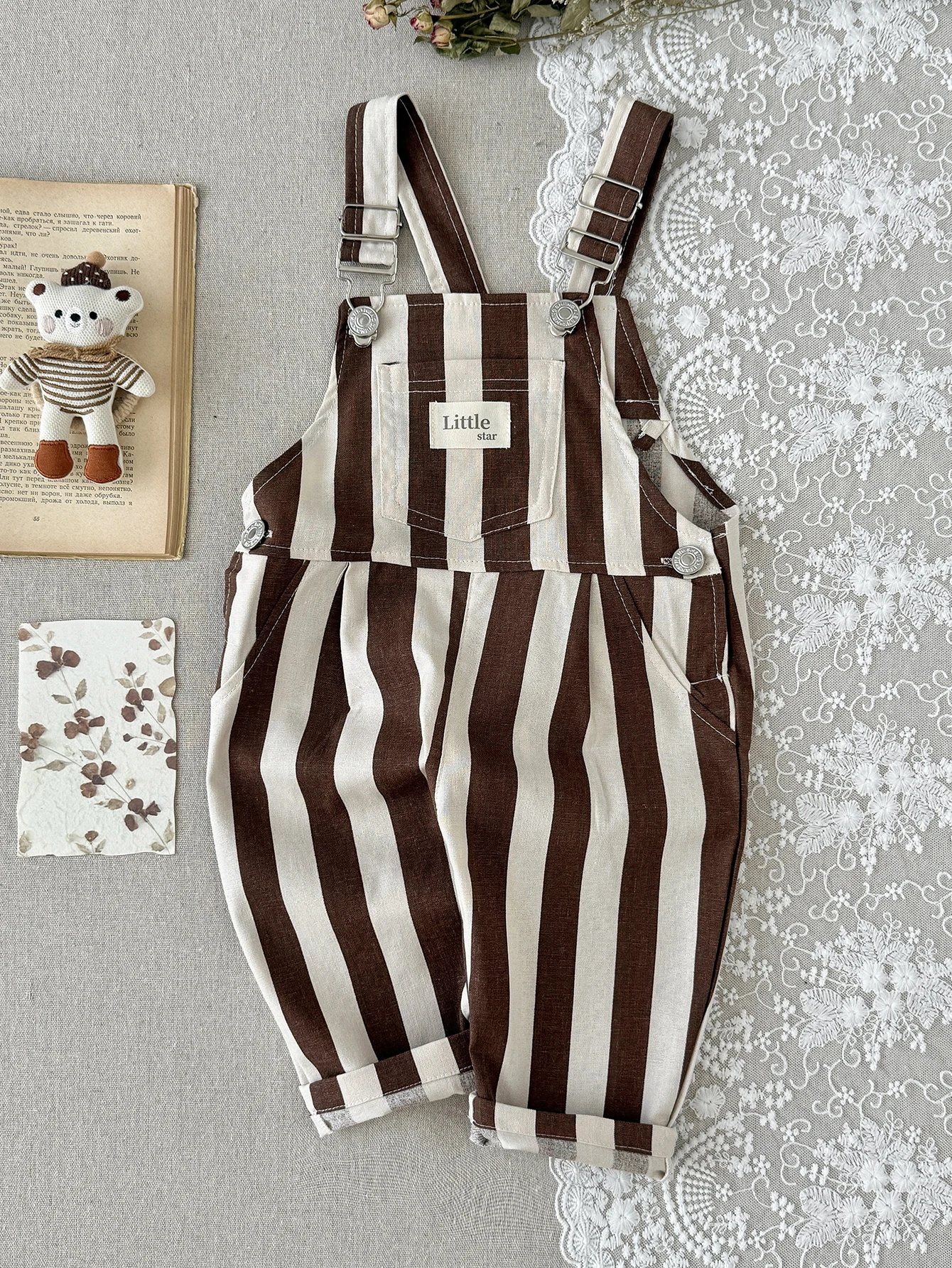 Spring Baby Retro Vertical Stripe Dungarees Soft Fabric Side Pockets Side Open Buttons Cute Baby Overalls Pants