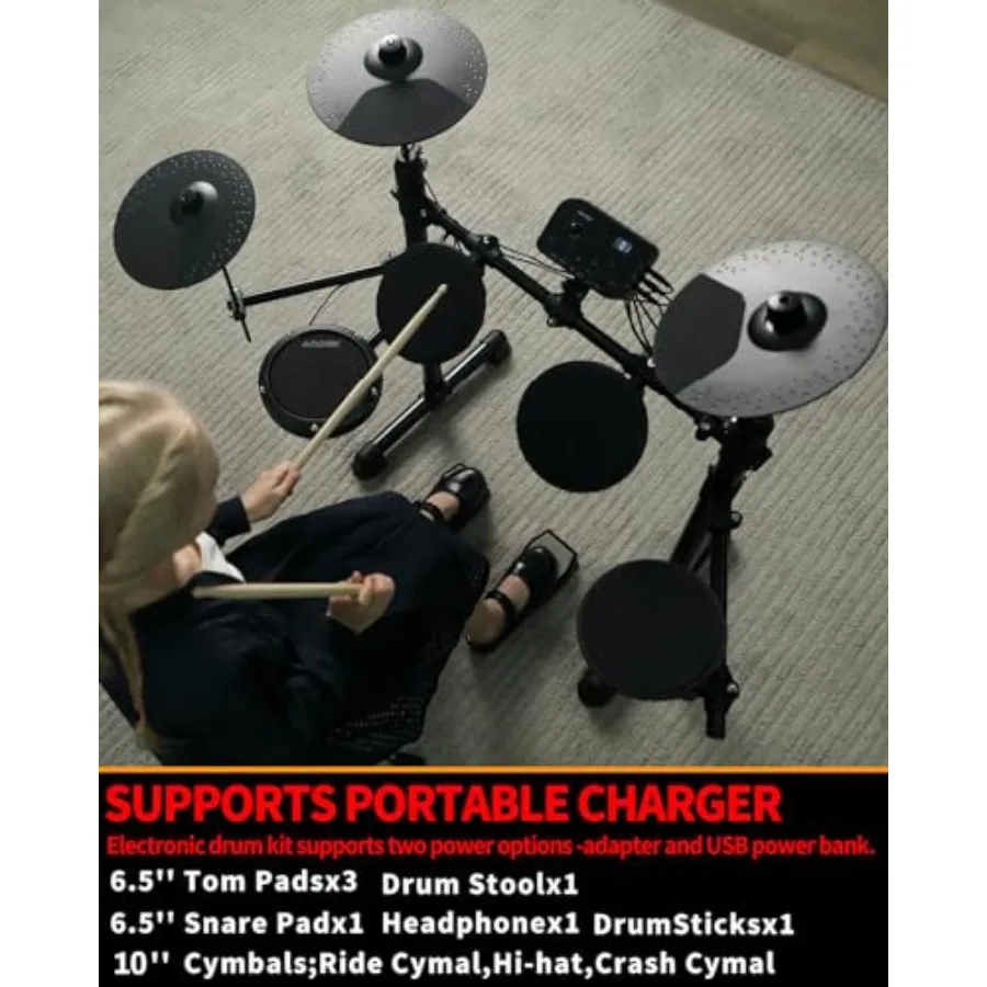 Electric Drum Set for Beginner with 150 Sounds, 4 Quiet Drum Pads, 2 Pedal, Throne, Sticks, Electronic Drum with Headphone