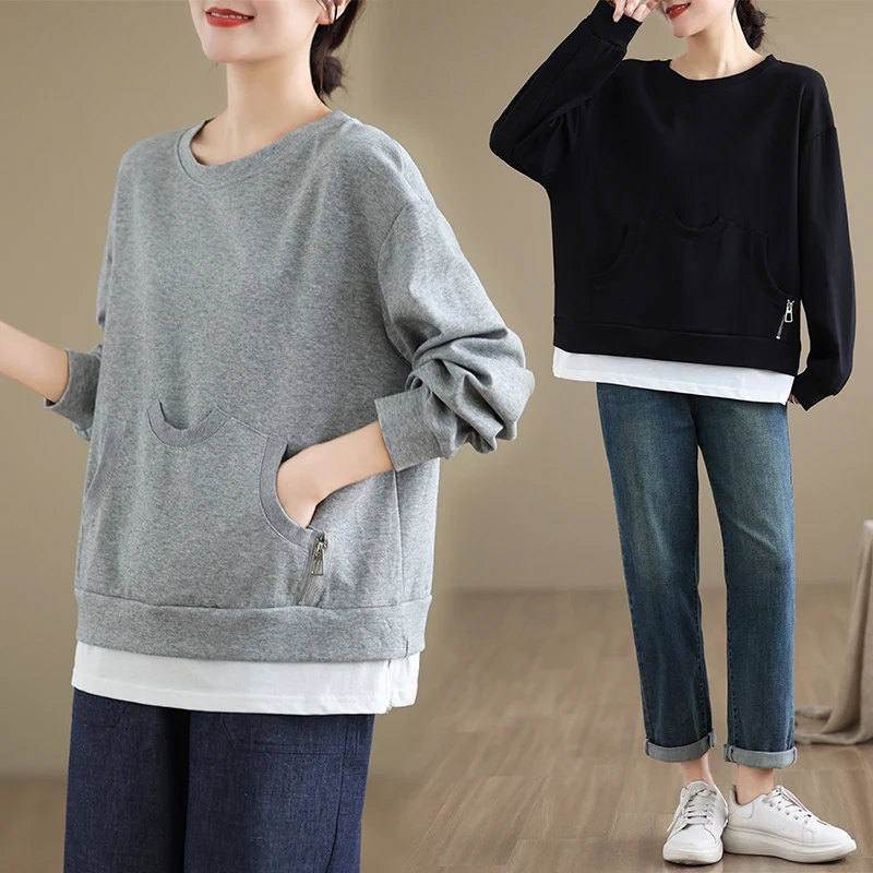 เสื้อฮู้ดสี Blo ทรงหลวมผู้หญิงศิลปะแขนยาวซิป Crew Neck Sweatshirt ฤดูใบไม้ร่วงฤดูหนาวมาใหม่