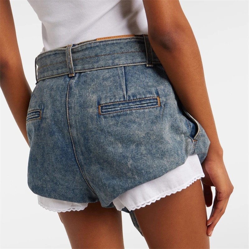 High-quality Summer New Women's High-waisted Drawstring Pure Cotton Denim Shorts, Fashionable and Sexy Double-layer Denim Shorts