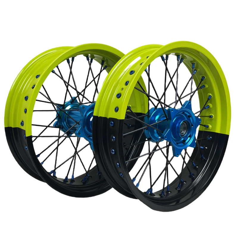 

Fit EXC SXF MC XE TE FE 16/17 Wheel Set Fluorescent Yellow Black Two-tone Rims Light Blue Hubs Supermoto Wheels