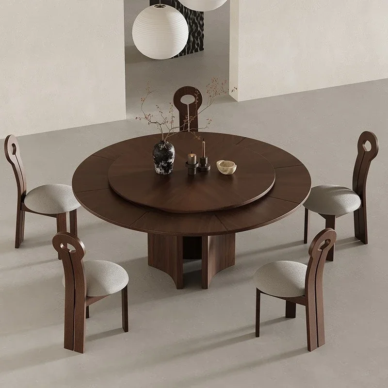 Wabi Sandy Wind Small Apartment with Turntable Black Walnut Rotating Retractable Dining Table Solid Wood Variable Diameter
