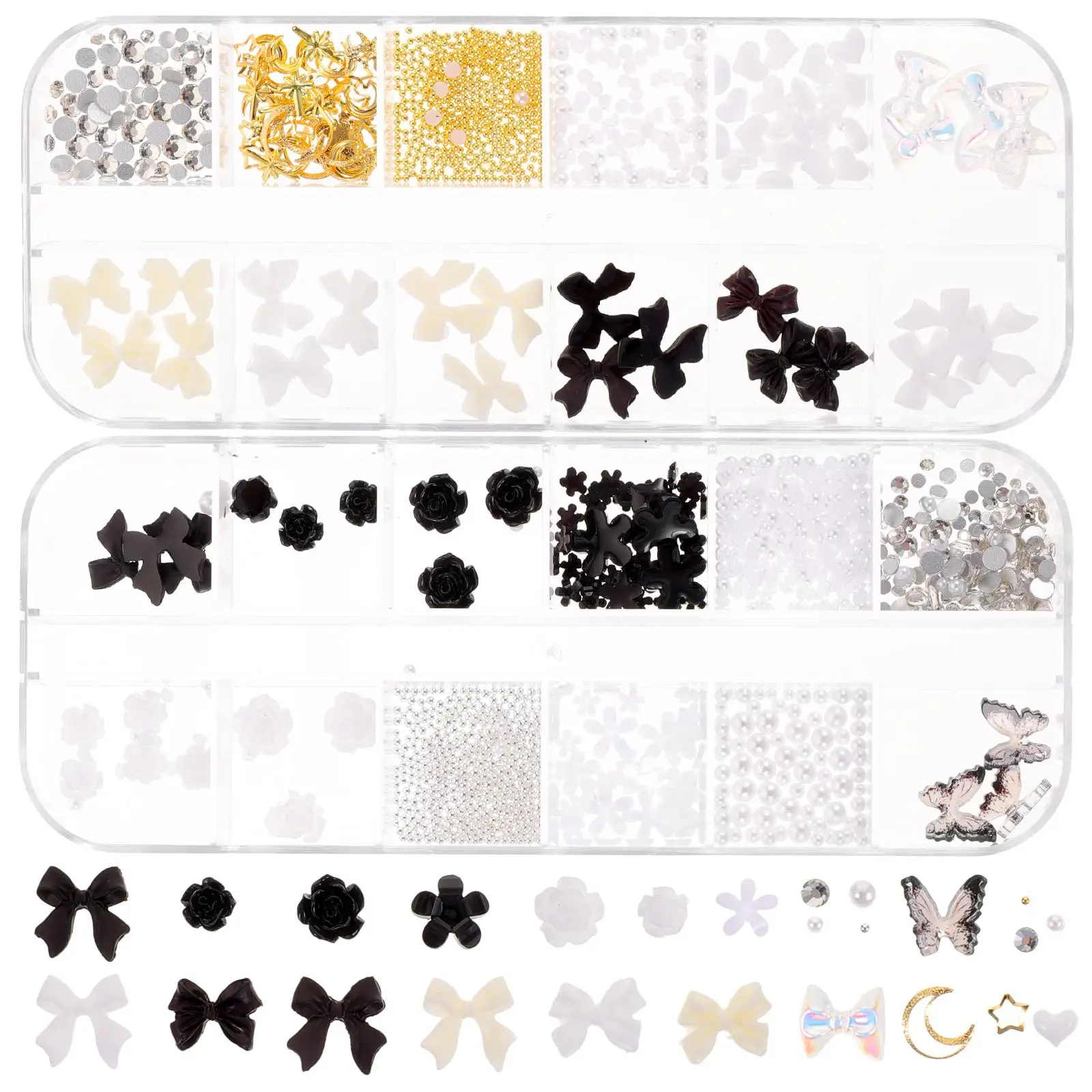 

2 Boxes Resin Bow Black Camellia Flower Rhinestones Nail Accessories for DIY Party Jewelry Gems charms nail decor